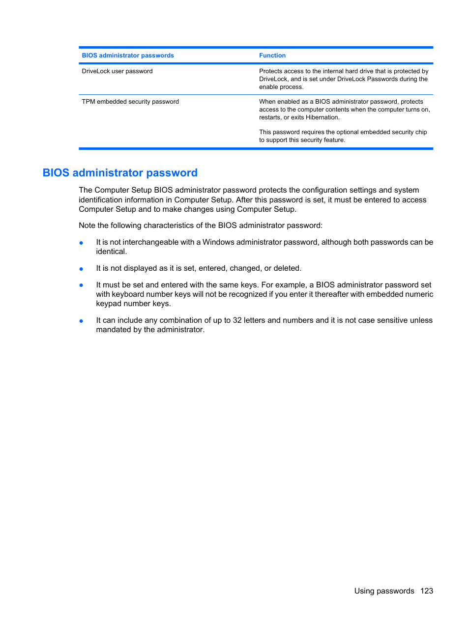 Bios administrator password | HP ProBook 6445b Notebook-PC User Manual | Page 133 / 180