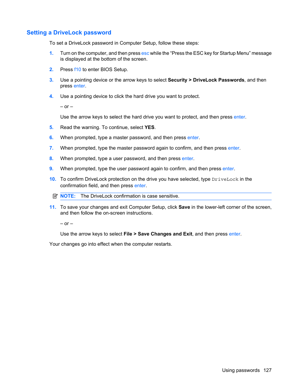 Setting a drivelock password | HP ProBook 6445b Notebook-PC User Manual | Page 137 / 180