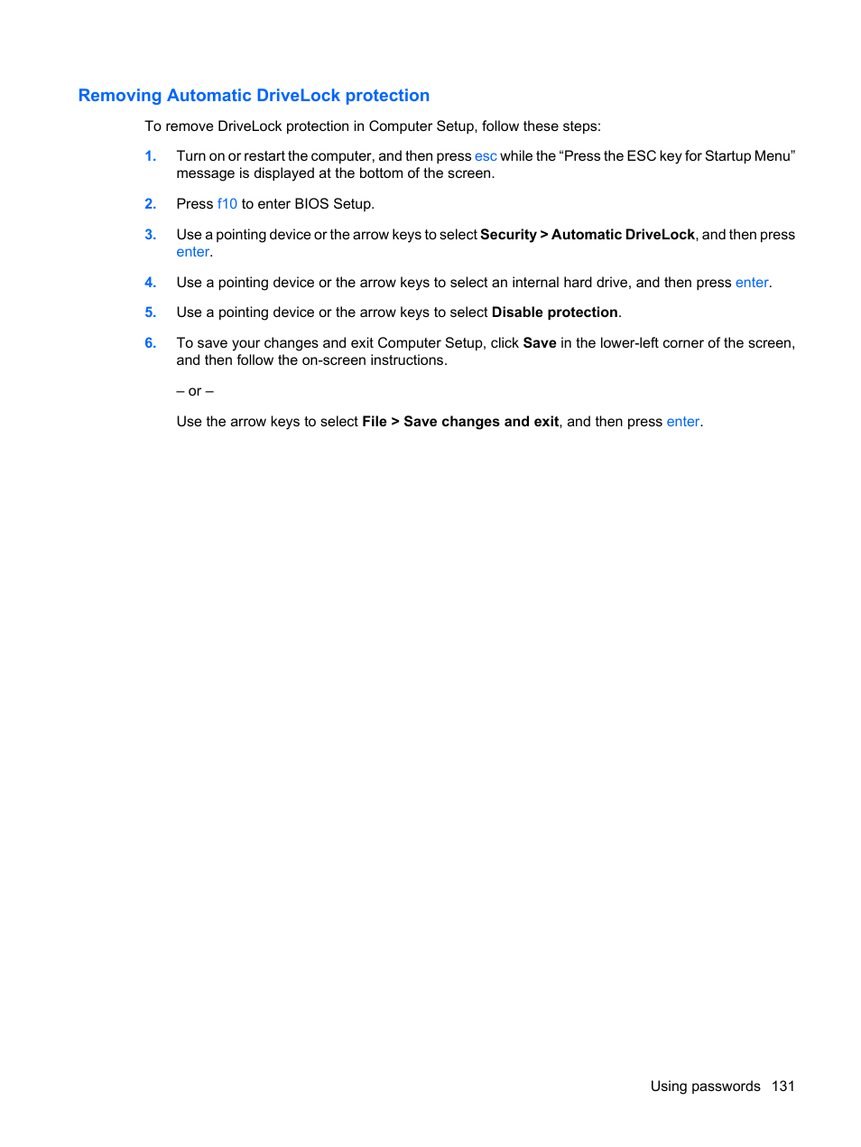 Removing automatic drivelock protection | HP ProBook 6445b Notebook-PC User Manual | Page 141 / 180