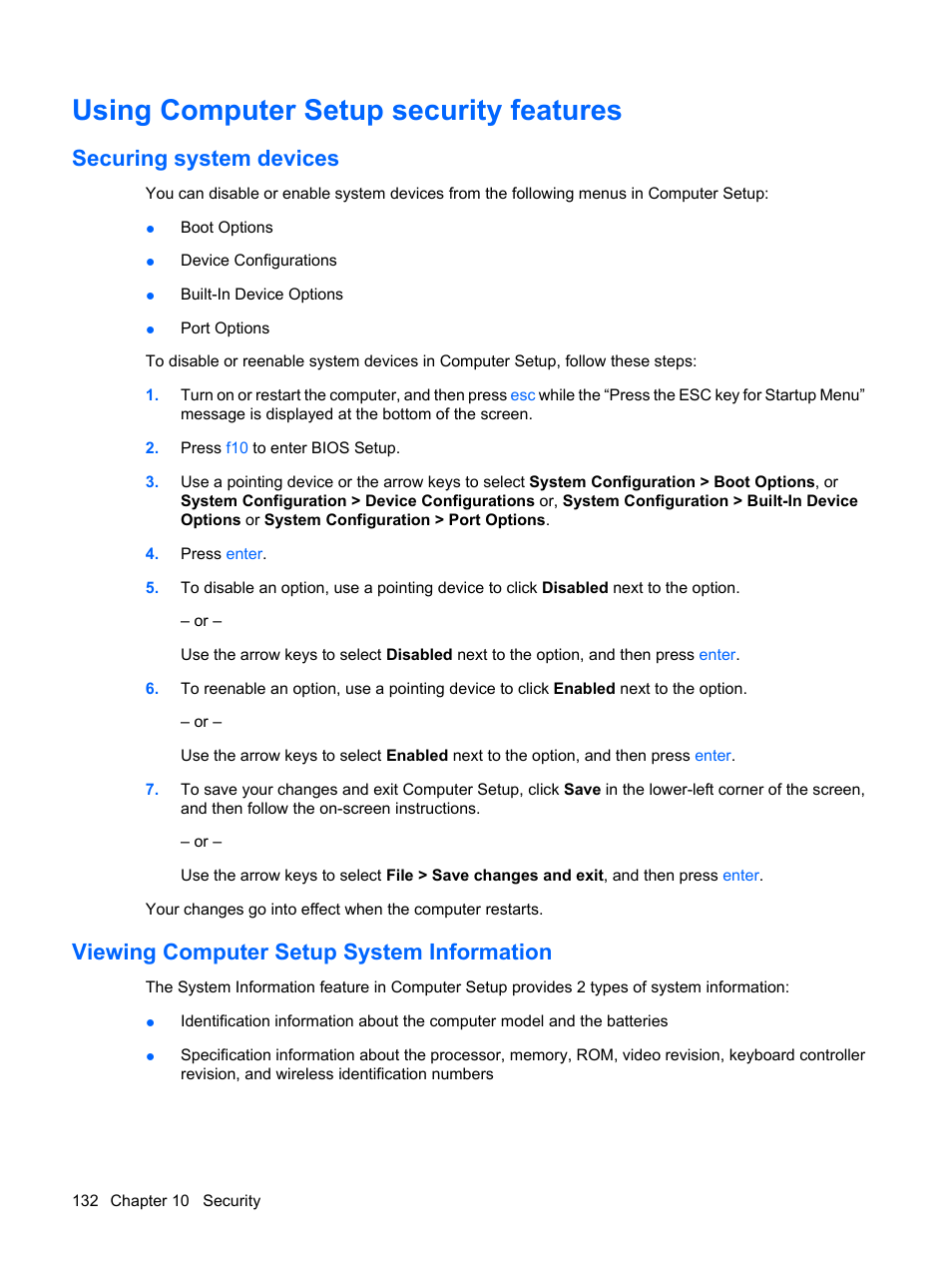 Using computer setup security features, Securing system devices, Viewing computer setup system information | HP ProBook 6445b Notebook-PC User Manual | Page 142 / 180