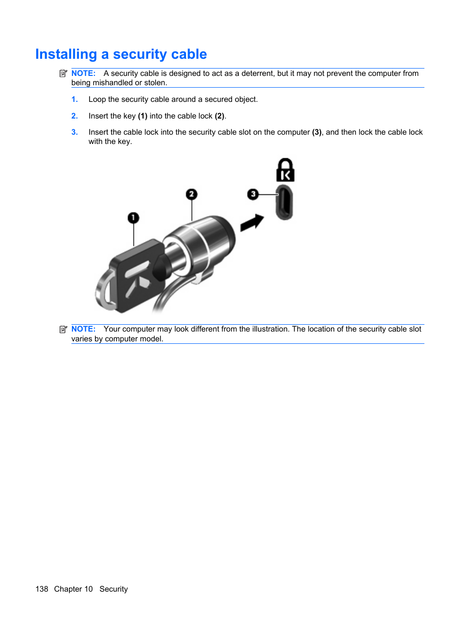 Installing a security cable | HP ProBook 6445b Notebook-PC User Manual | Page 148 / 180