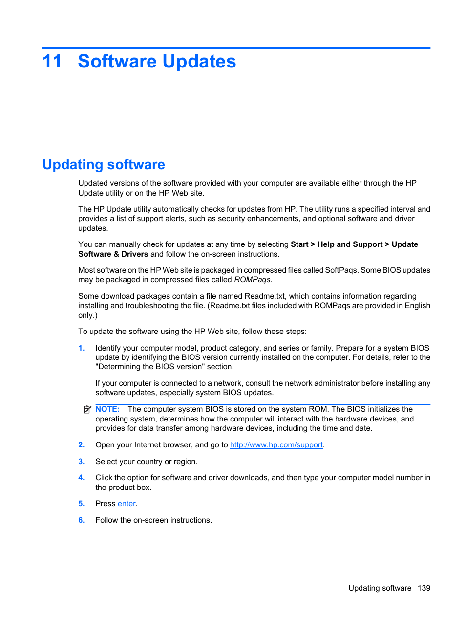 Software updates, Updating software, 11 software updates | HP ProBook 6445b Notebook-PC User Manual | Page 149 / 180