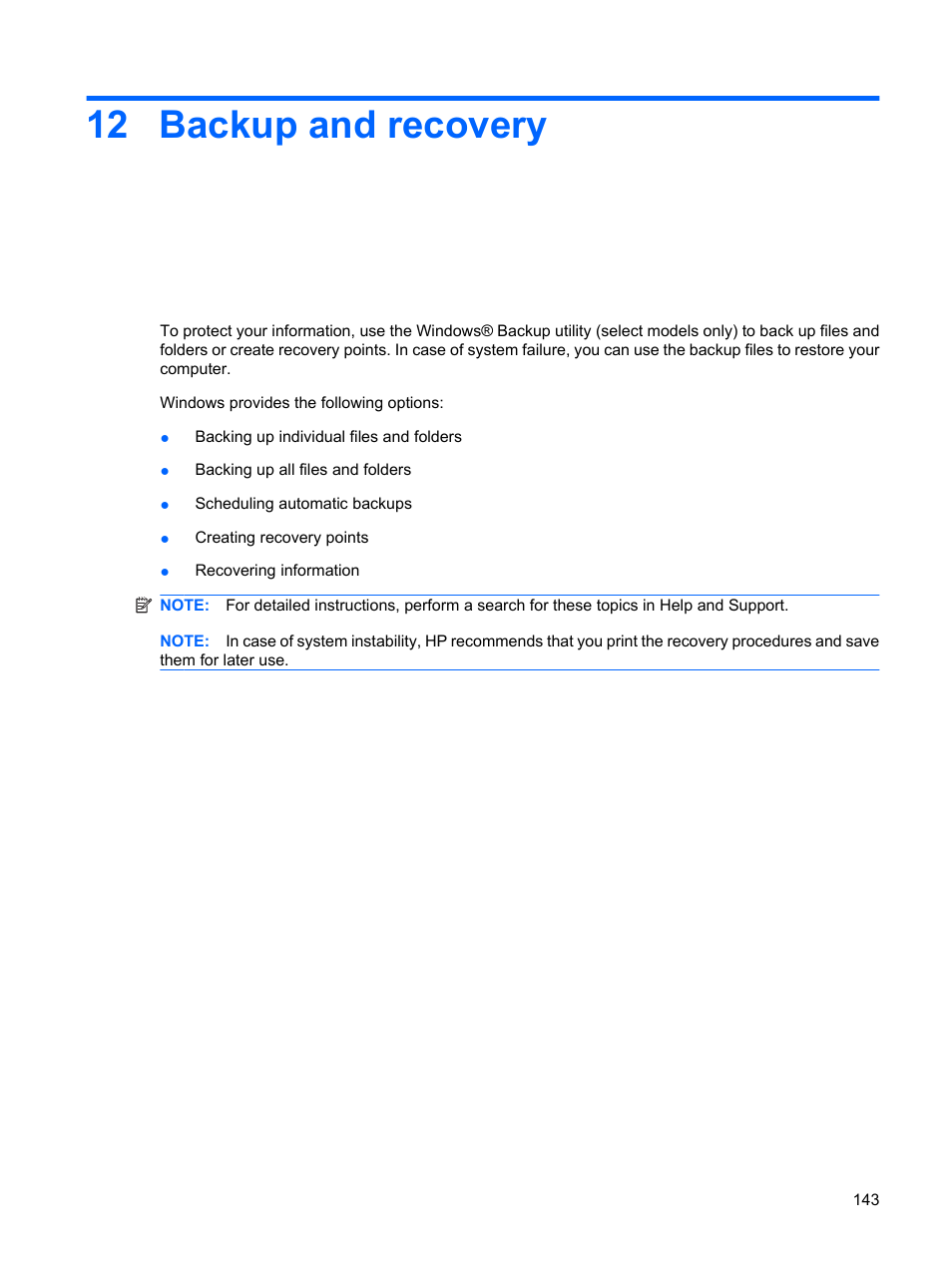 Backup and recovery, 12 backup and recovery | HP ProBook 6445b Notebook-PC User Manual | Page 153 / 180