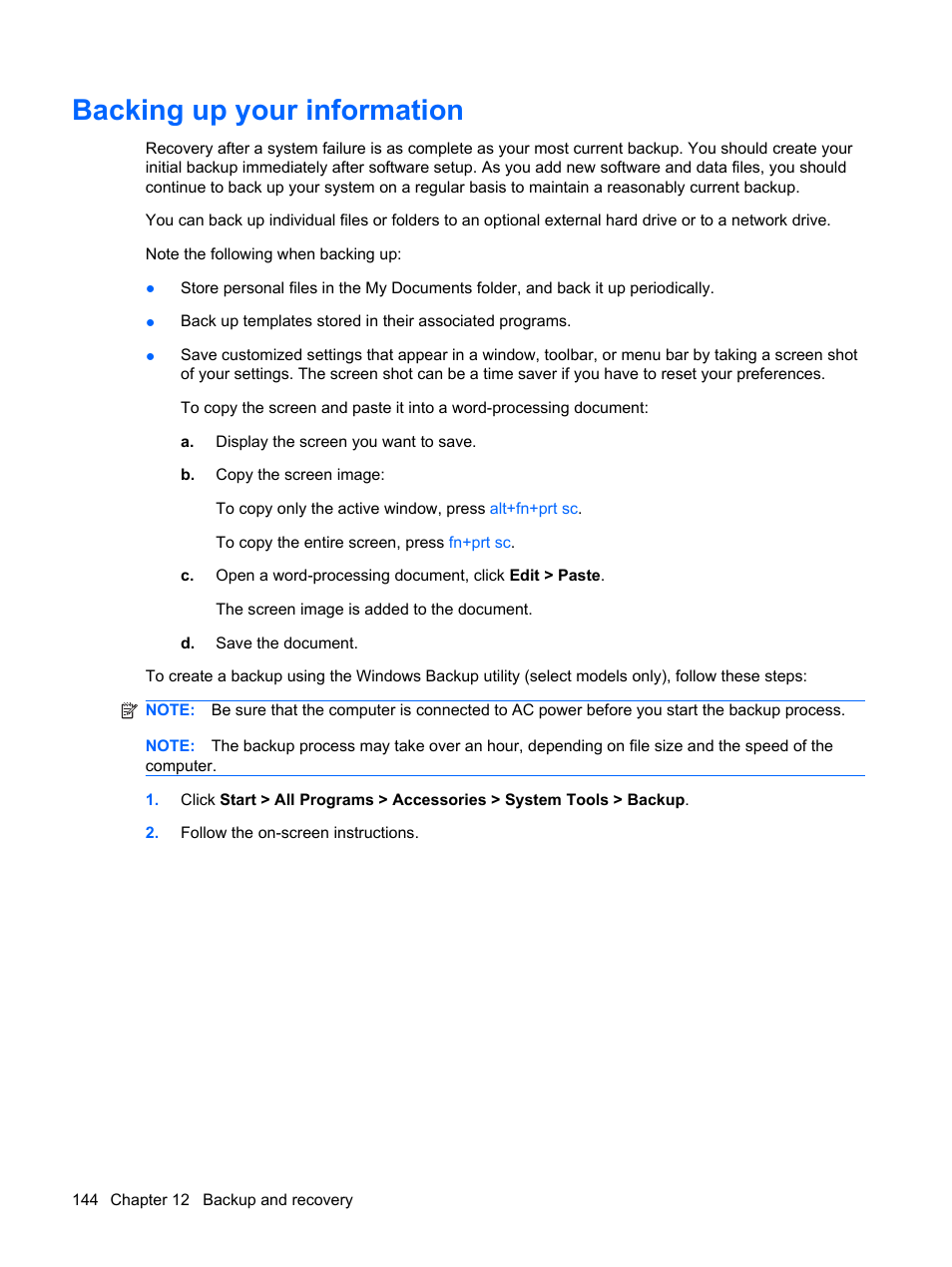 Backing up your information | HP ProBook 6445b Notebook-PC User Manual | Page 154 / 180