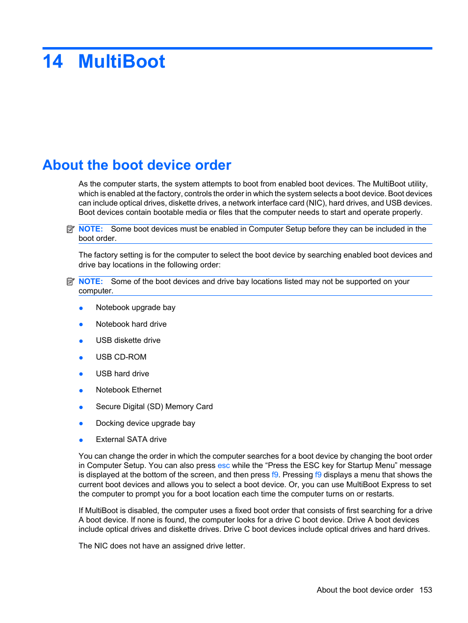 Multiboot, About the boot device order, 14 multiboot | HP ProBook 6445b Notebook-PC User Manual | Page 163 / 180
