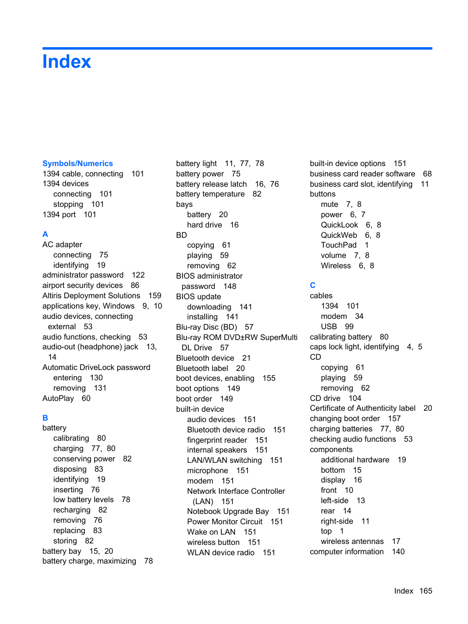 Index | HP ProBook 6445b Notebook-PC User Manual | Page 175 / 180