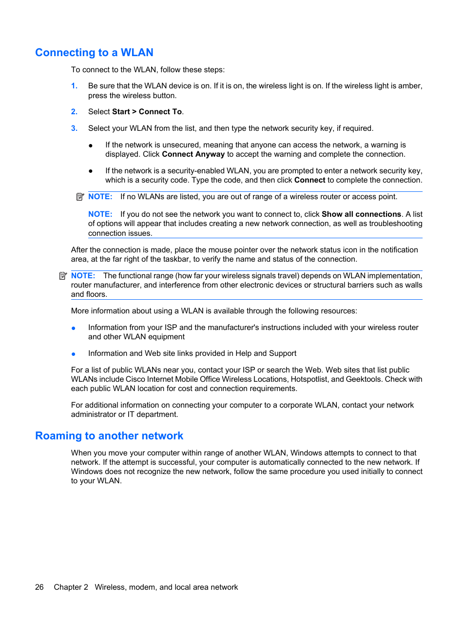 Connecting to a wlan, Roaming to another network, Connecting to a wlan roaming to another network | HP ProBook 6445b Notebook-PC User Manual | Page 36 / 180