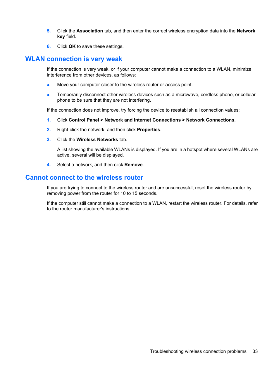 Wlan connection is very weak, Cannot connect to the wireless router | HP ProBook 6445b Notebook-PC User Manual | Page 43 / 180