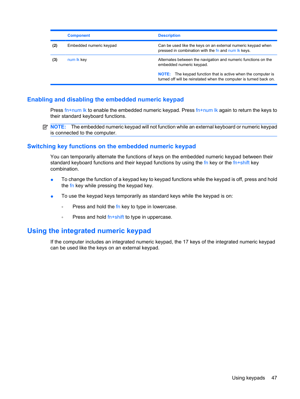 Enabling and disabling the embedded numeric keypad, Using the integrated numeric keypad | HP ProBook 6445b Notebook-PC User Manual | Page 57 / 180