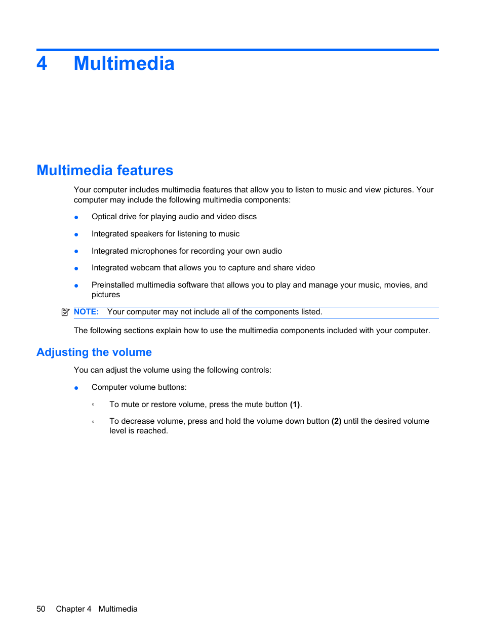 Multimedia, Multimedia features, Adjusting the volume | 4 multimedia, 4multimedia | HP ProBook 6445b Notebook-PC User Manual | Page 60 / 180