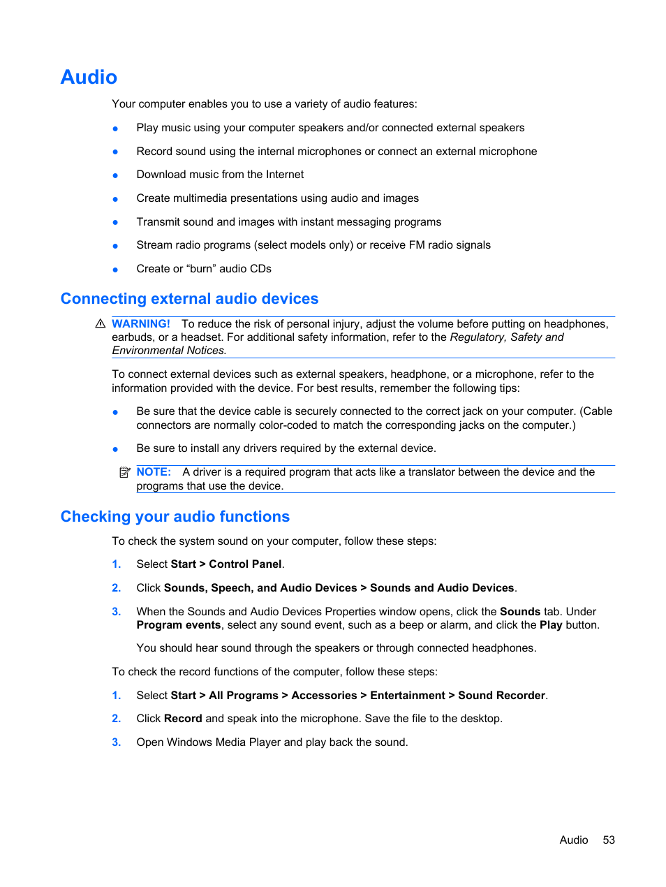 Audio, Connecting external audio devices, Checking your audio functions | HP ProBook 6445b Notebook-PC User Manual | Page 63 / 180