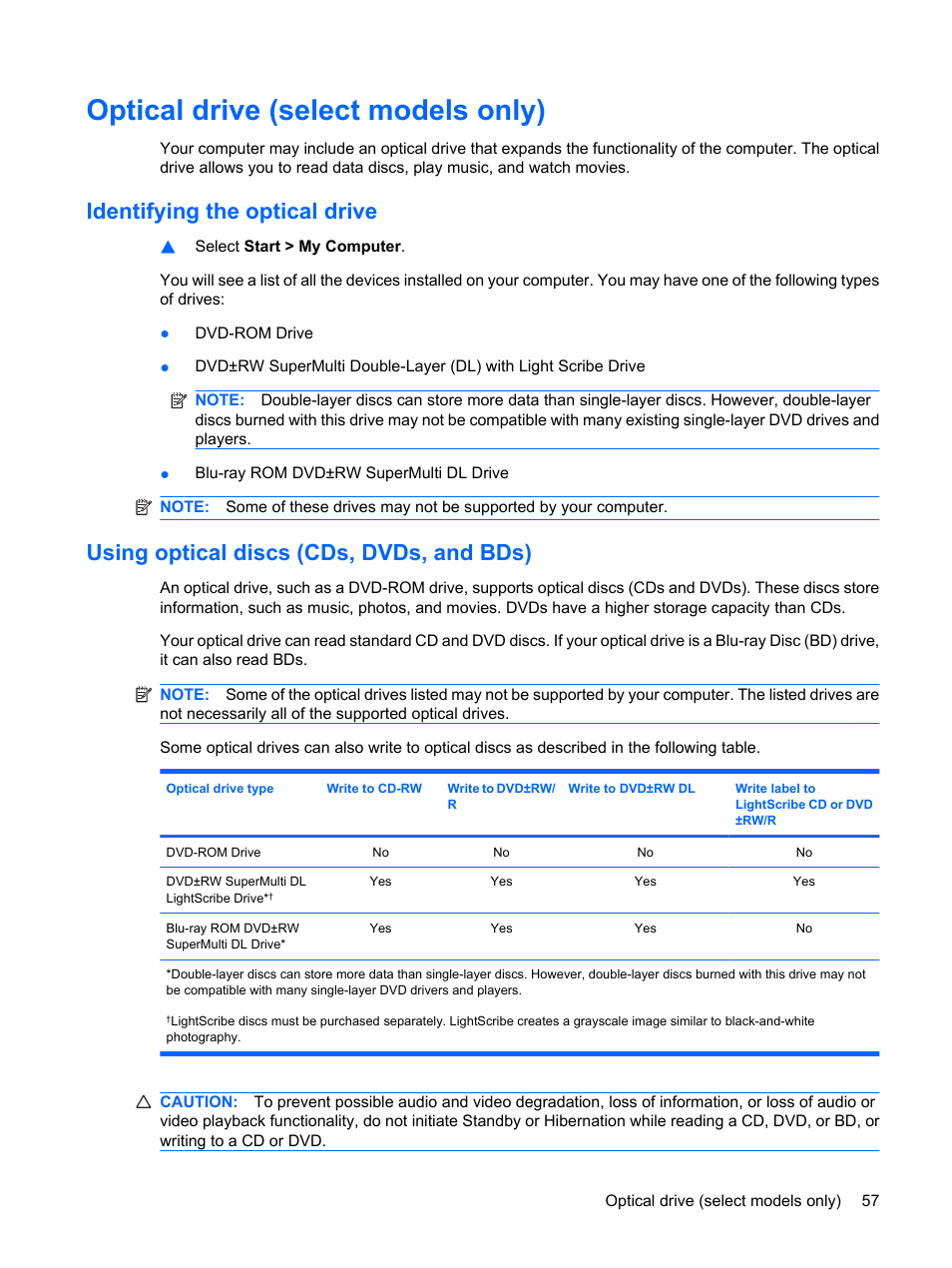 Optical drive (select models only), Identifying the optical drive, Using optical discs (cds, dvds, and bds) | HP ProBook 6445b Notebook-PC User Manual | Page 67 / 180