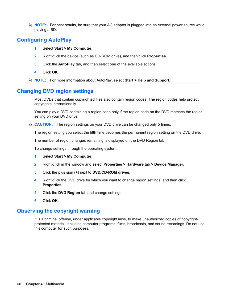 Configuring autoplay, Changing dvd region settings, Observing the copyright warning | HP ProBook 6445b Notebook-PC User Manual | Page 70 / 180