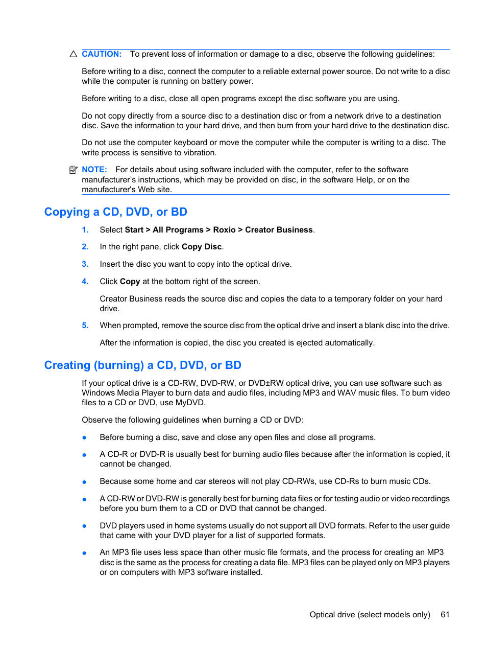 Copying a cd, dvd, or bd, Creating (burning) a cd, dvd, or bd | HP ProBook 6445b Notebook-PC User Manual | Page 71 / 180