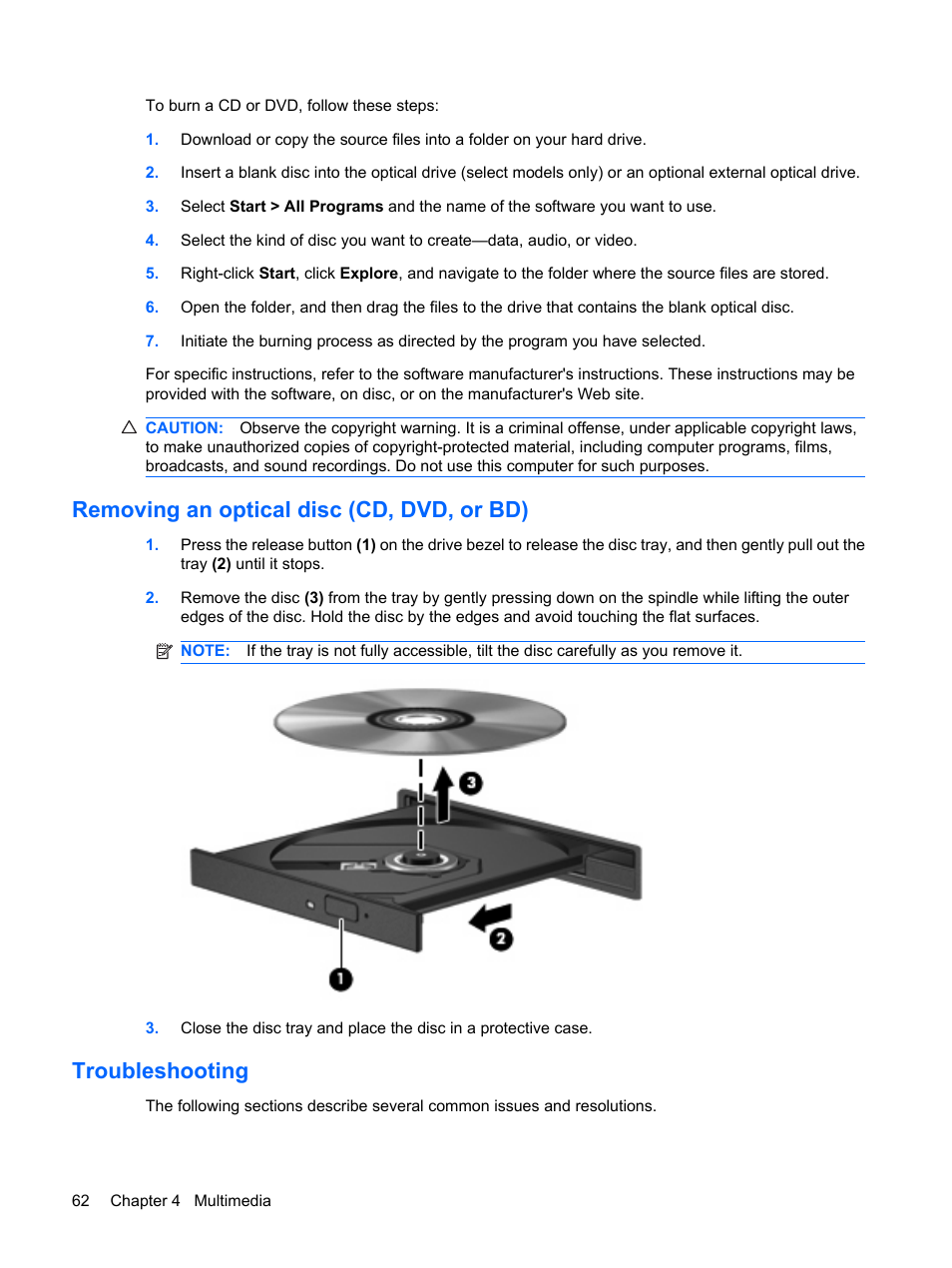 Removing an optical disc (cd, dvd, or bd), Troubleshooting | HP ProBook 6445b Notebook-PC User Manual | Page 72 / 180