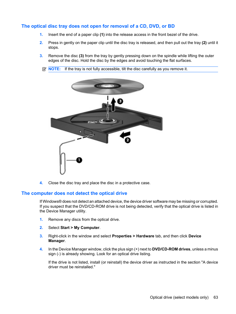 The computer does not detect the optical drive | HP ProBook 6445b Notebook-PC User Manual | Page 73 / 180