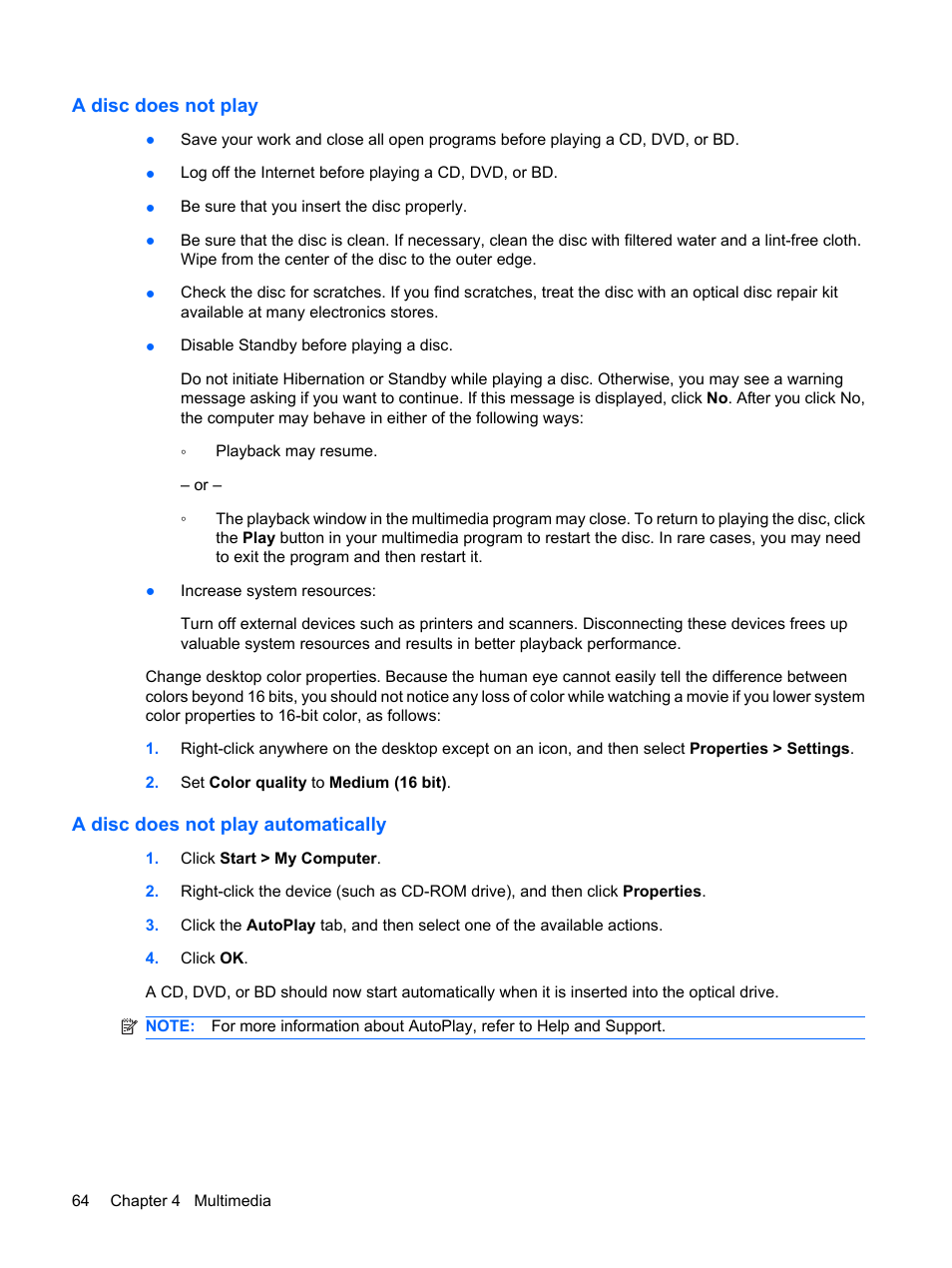 A disc does not play, A disc does not play automatically | HP ProBook 6445b Notebook-PC User Manual | Page 74 / 180