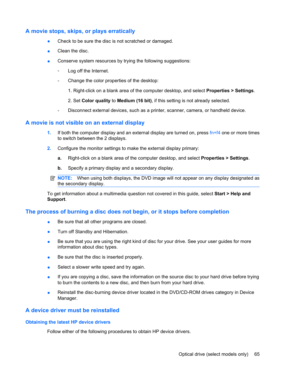A movie stops, skips, or plays erratically, A movie is not visible on an external display, A device driver must be reinstalled | Obtaining the latest hp device drivers | HP ProBook 6445b Notebook-PC User Manual | Page 75 / 180