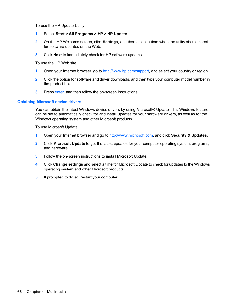 Obtaining microsoft device drivers | HP ProBook 6445b Notebook-PC User Manual | Page 76 / 180