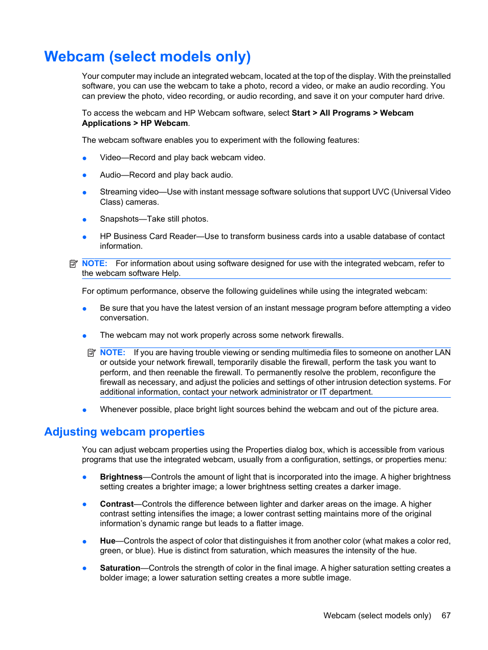 Webcam (select models only), Adjusting webcam properties | HP ProBook 6445b Notebook-PC User Manual | Page 77 / 180