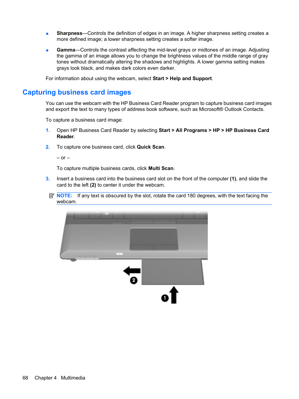 Capturing business card images | HP ProBook 6445b Notebook-PC User Manual | Page 78 / 180