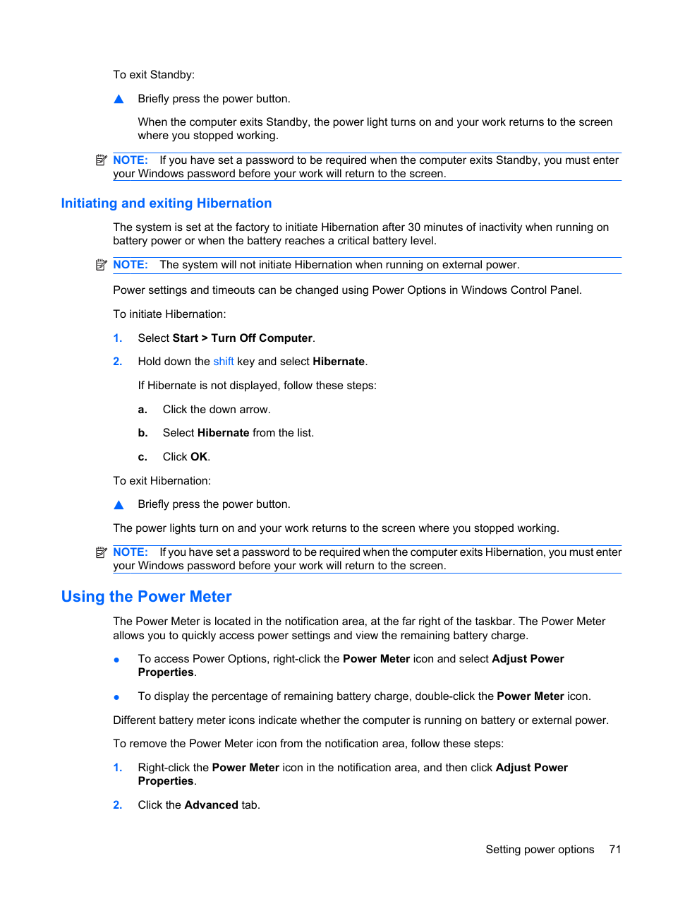 Initiating and exiting hibernation, Using the power meter | HP ProBook 6445b Notebook-PC User Manual | Page 81 / 180