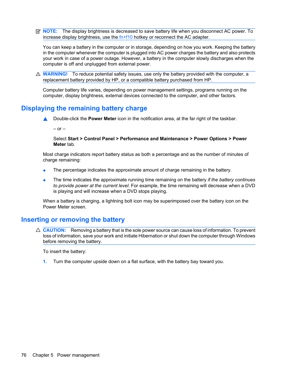 Displaying the remaining battery charge, Inserting or removing the battery | HP ProBook 6445b Notebook-PC User Manual | Page 86 / 180