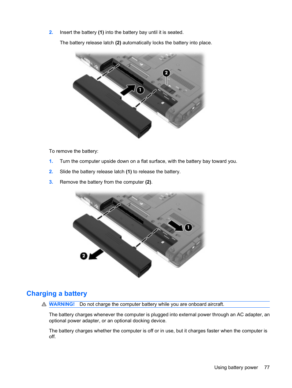 Charging a battery | HP ProBook 6445b Notebook-PC User Manual | Page 87 / 180