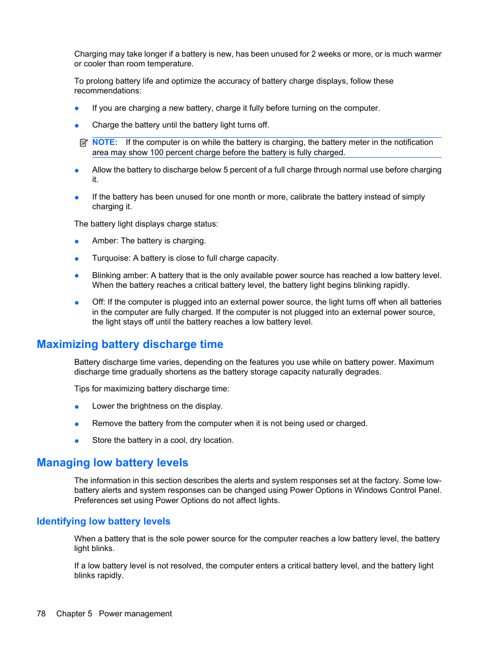 Maximizing battery discharge time, Managing low battery levels, Identifying low battery levels | HP ProBook 6445b Notebook-PC User Manual | Page 88 / 180