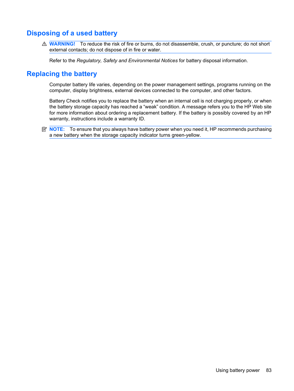 Disposing of a used battery, Replacing the battery, Disposing of a used battery replacing the battery | HP ProBook 6445b Notebook-PC User Manual | Page 93 / 180