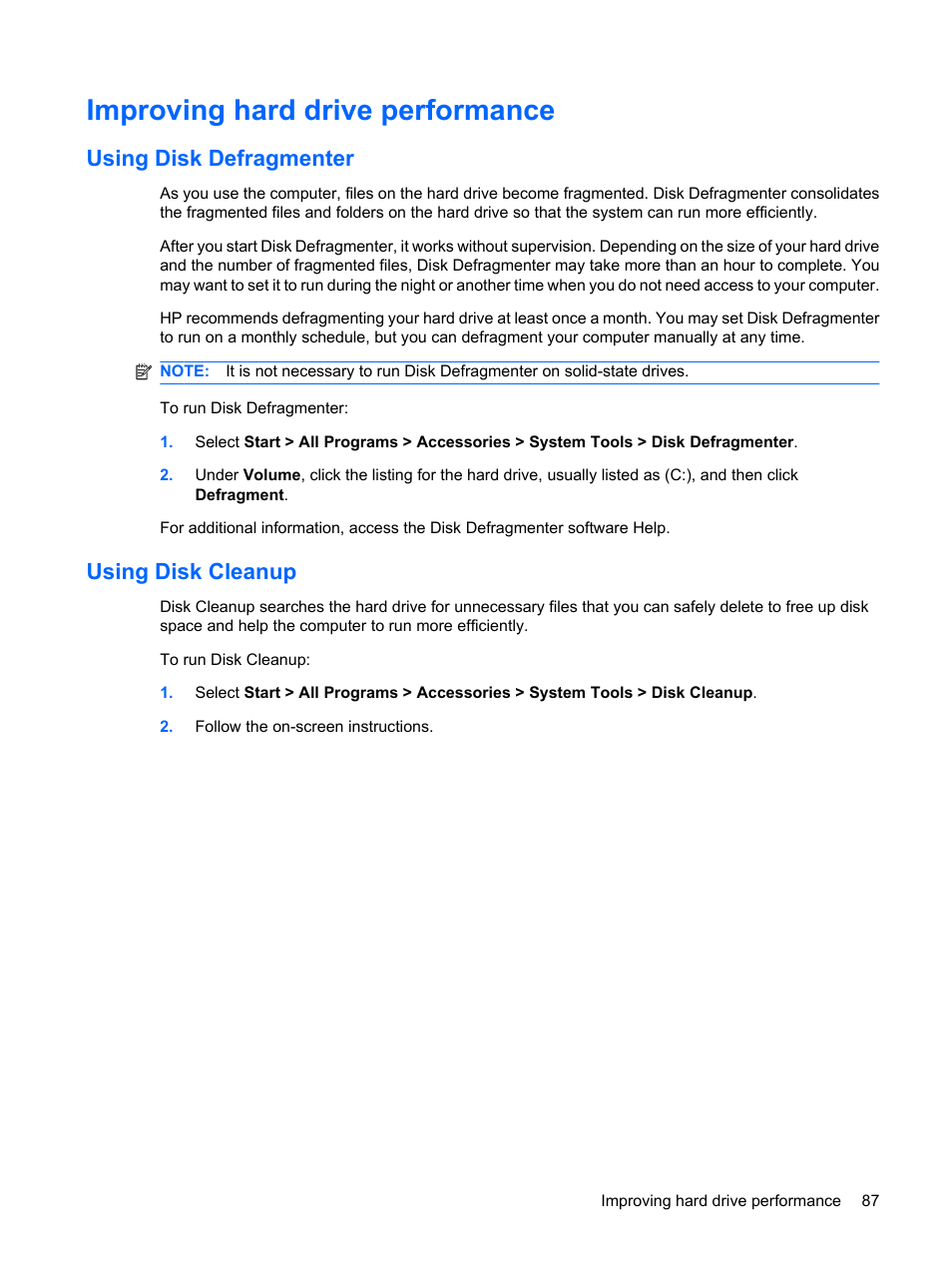 Improving hard drive performance, Using disk defragmenter, Using disk cleanup | Using disk defragmenter using disk cleanup | HP ProBook 6445b Notebook-PC User Manual | Page 97 / 180
