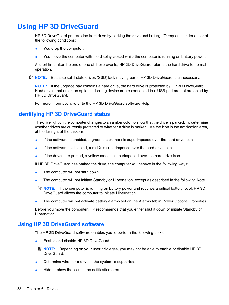 Using hp 3d driveguard, Identifying hp 3d driveguard status, Using hp 3d driveguard software | HP ProBook 6445b Notebook-PC User Manual | Page 98 / 180