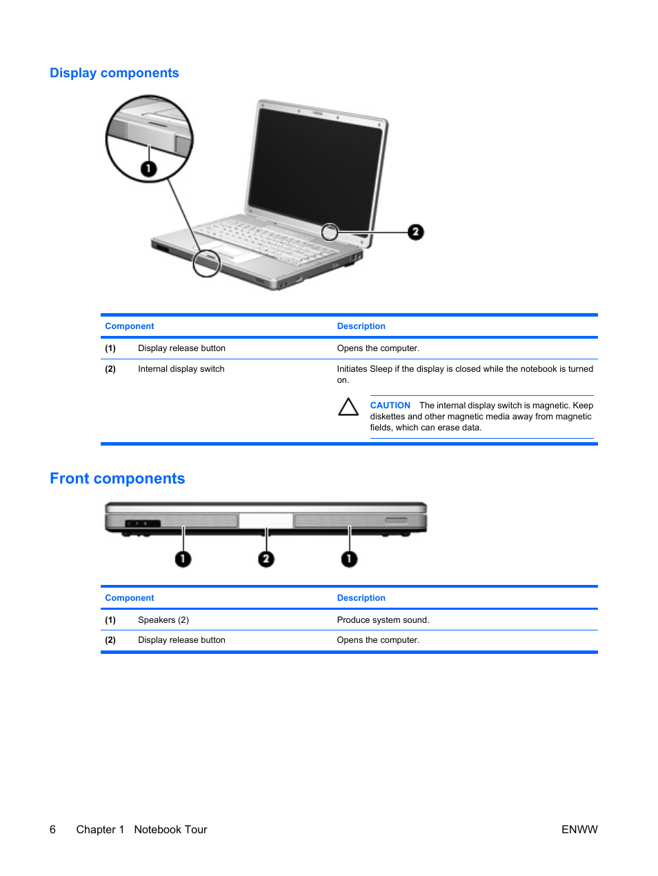 Display components, Front components | HP Compaq Presario C542EA Notebook PC User Manual | Page 12 / 73