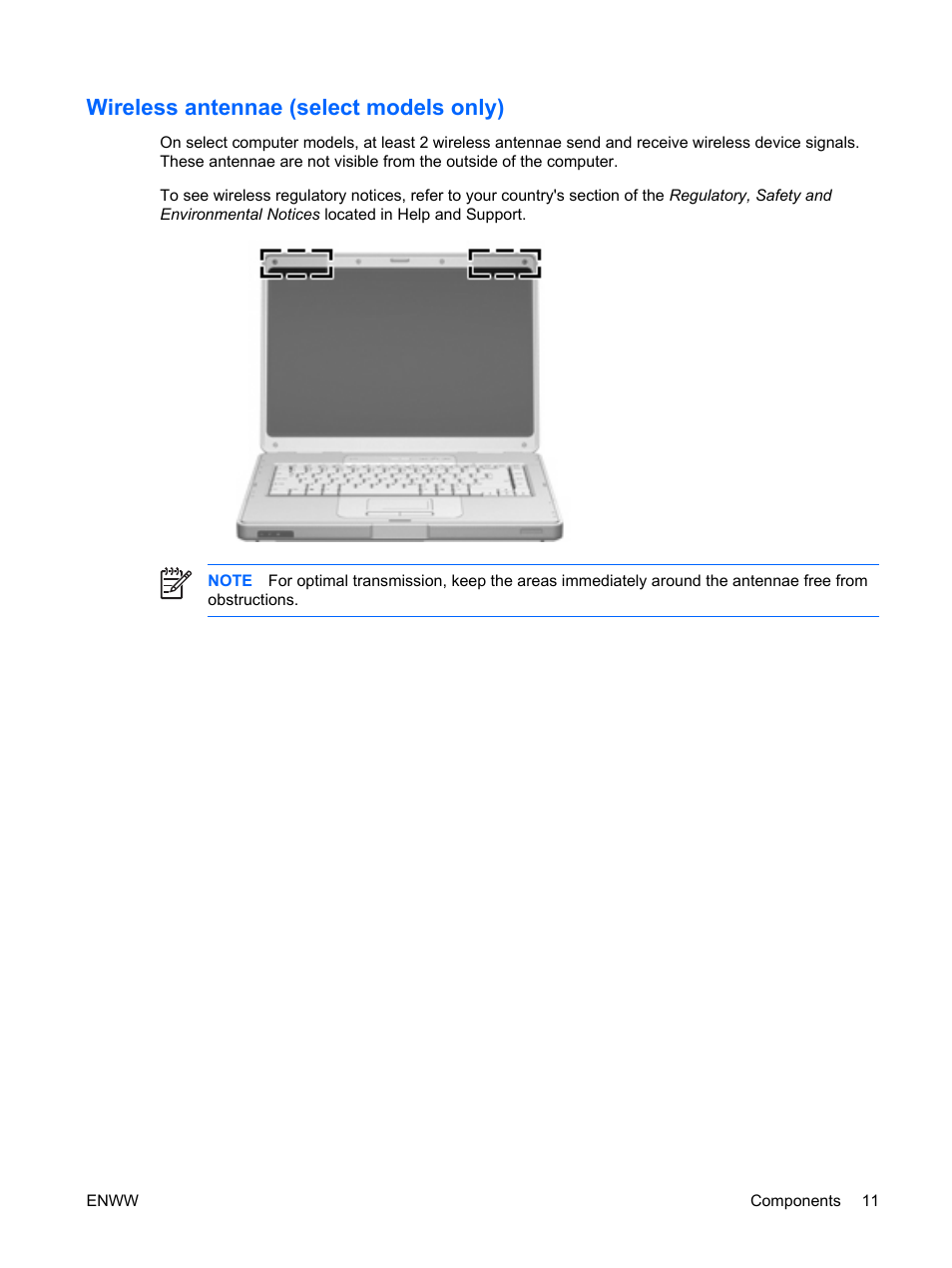 Wireless antennae (select models only) | HP Compaq Presario C542EA Notebook PC User Manual | Page 17 / 73