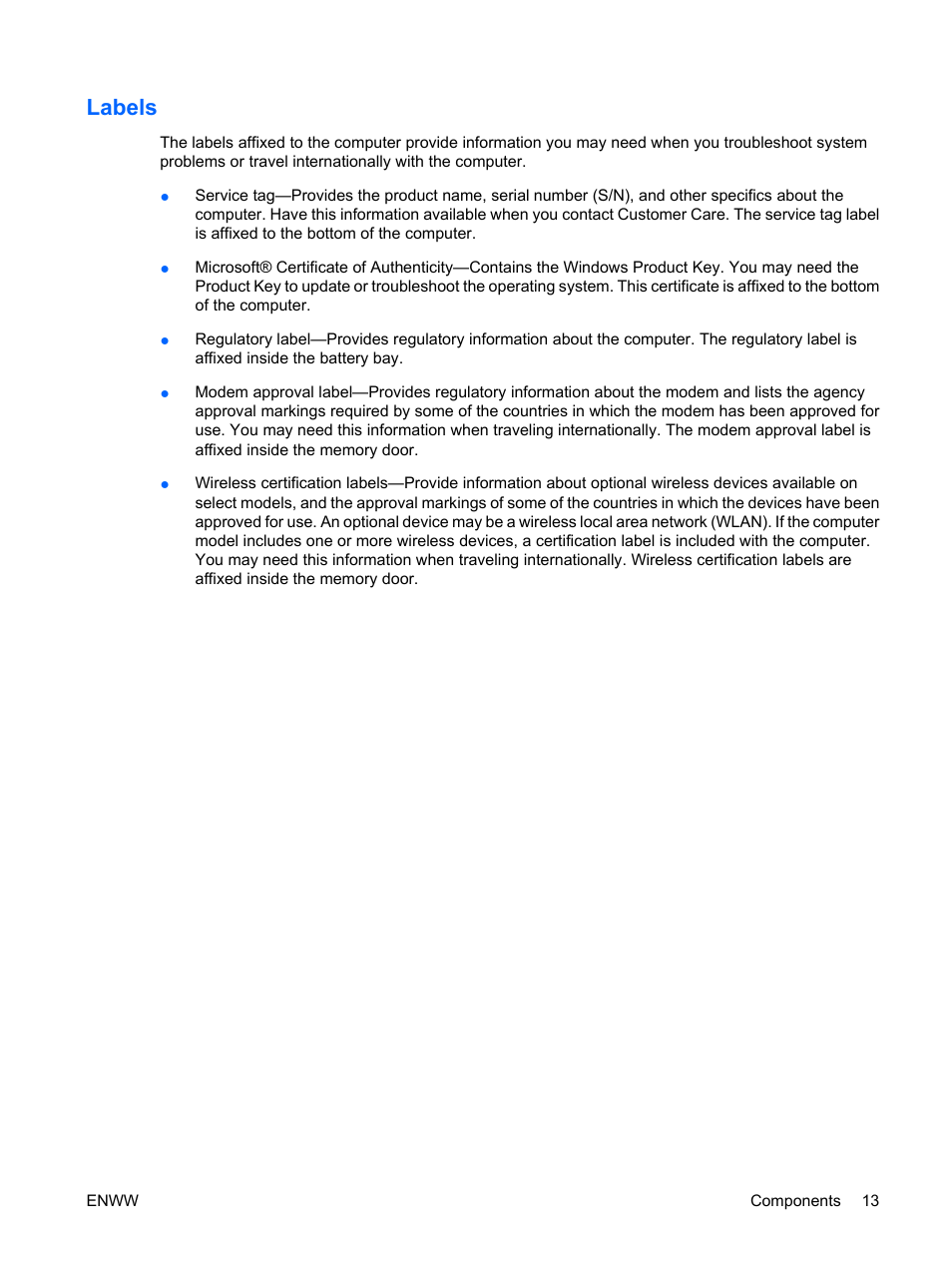 Labels | HP Compaq Presario C542EA Notebook PC User Manual | Page 19 / 73