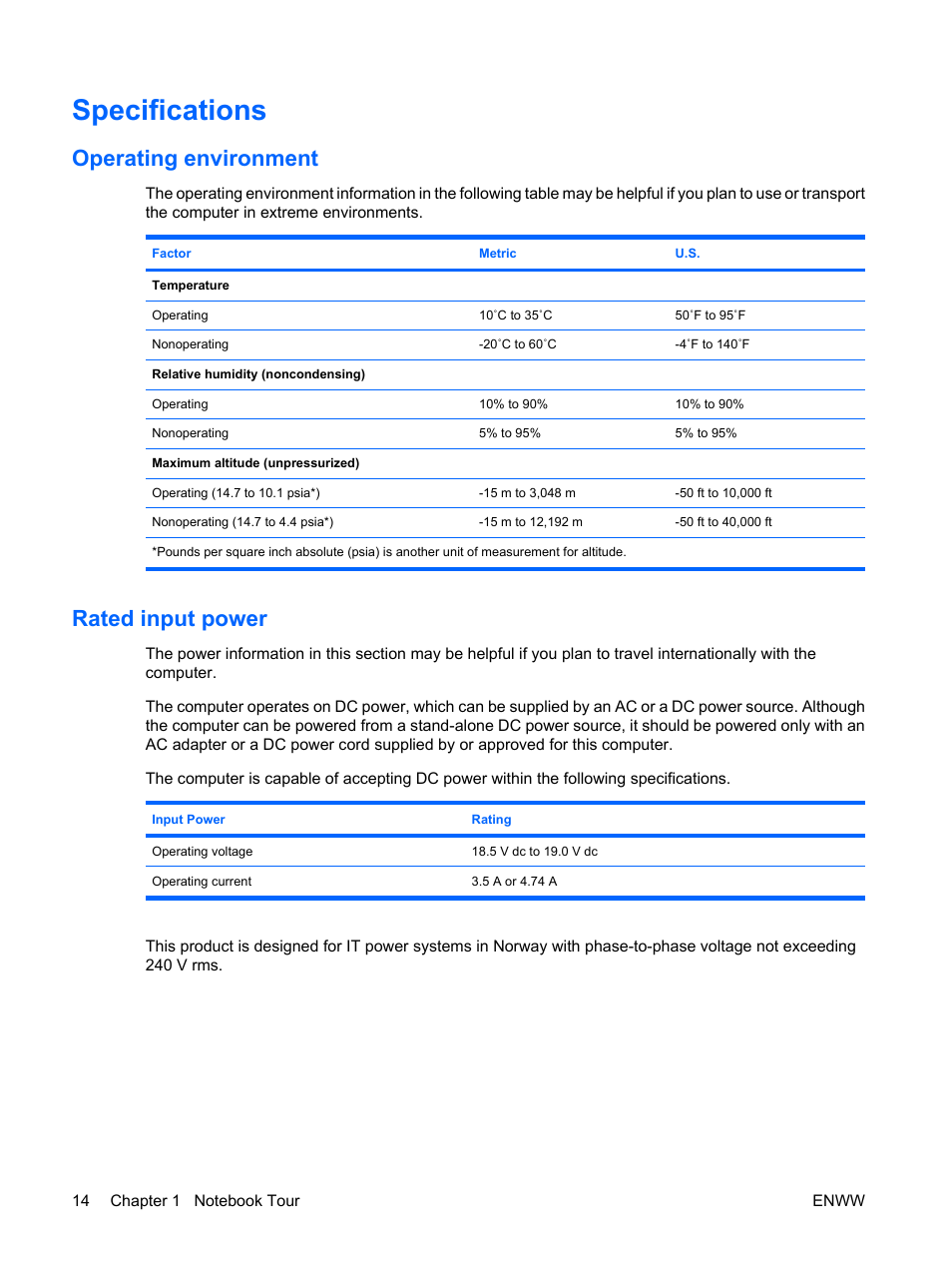 Specifications, Operating environment, Rated input power | Operating environment rated input power | HP Compaq Presario C542EA Notebook PC User Manual | Page 20 / 73