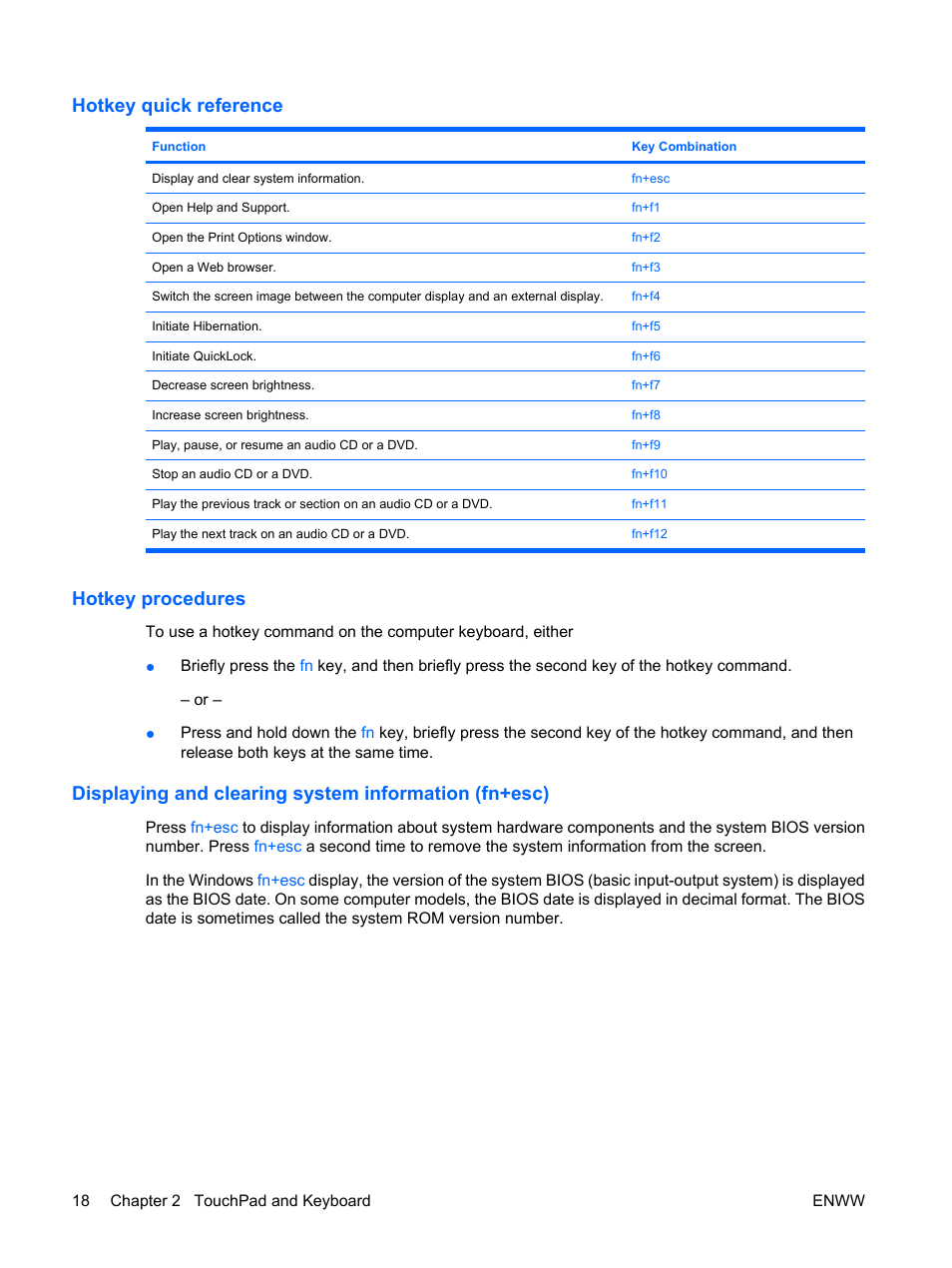 Hotkey quick reference, Hotkey procedures | HP Compaq Presario C542EA Notebook PC User Manual | Page 24 / 73