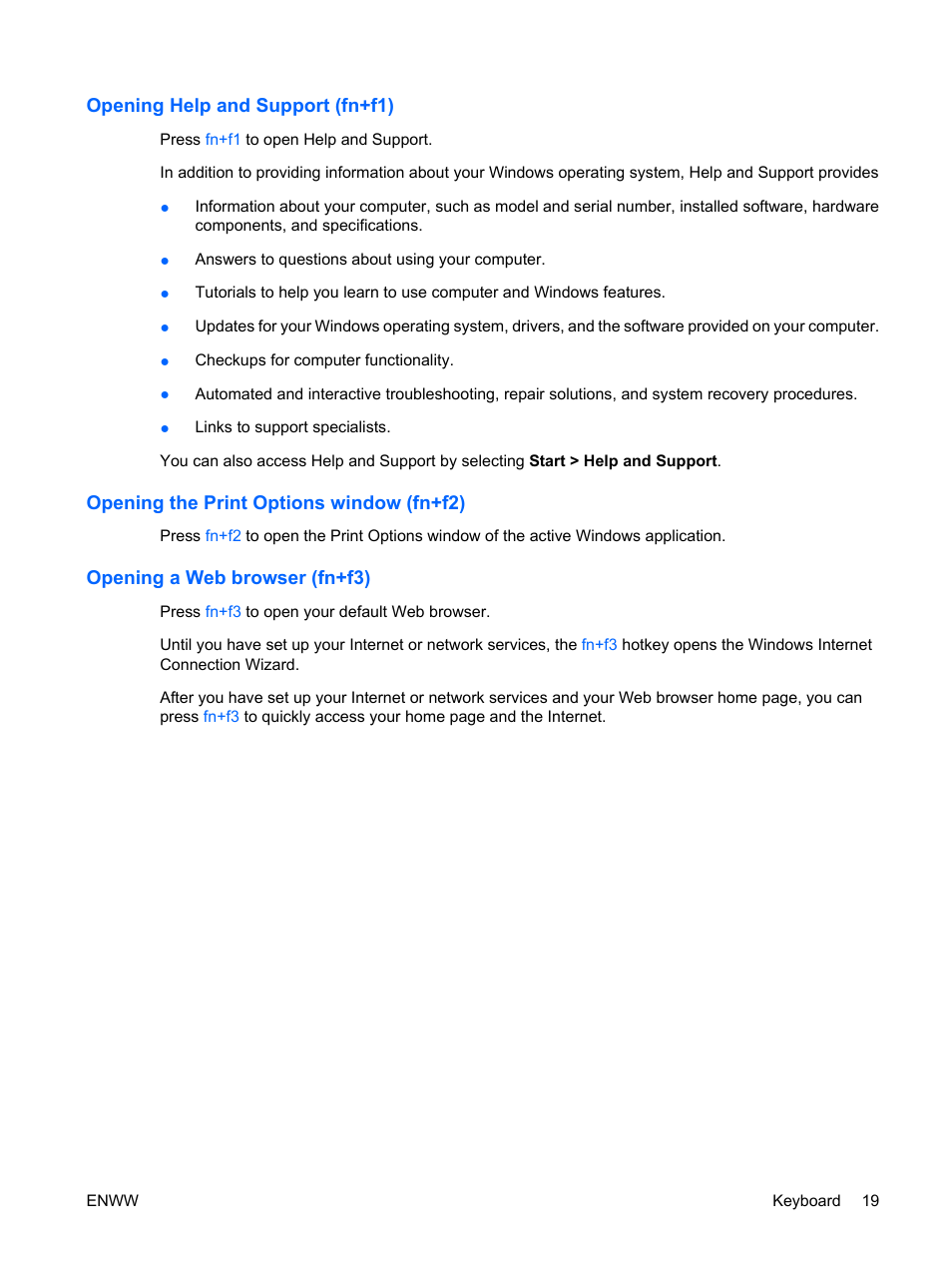 Opening help and support (fn+f1), Opening the print options window (fn+f2), Opening a web browser (fn+f3) | HP Compaq Presario C542EA Notebook PC User Manual | Page 25 / 73