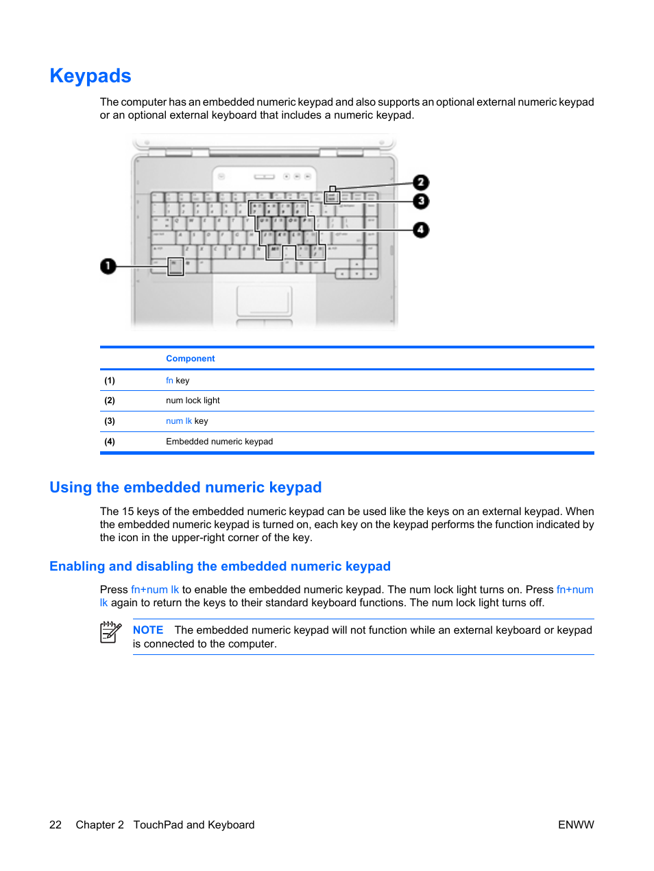 Keypads, Using the embedded numeric keypad, Enabling and disabling the embedded numeric keypad | HP Compaq Presario C542EA Notebook PC User Manual | Page 28 / 73