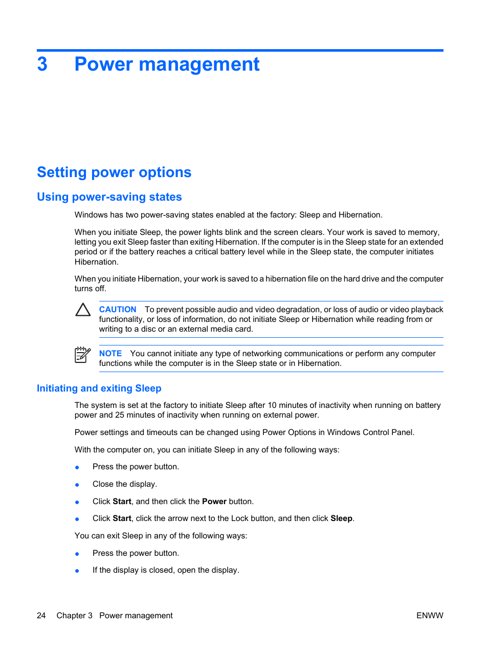Power management, Setting power options, Using power-saving states | Initiating and exiting sleep, 3 power management, 3power management | HP Compaq Presario C542EA Notebook PC User Manual | Page 30 / 73