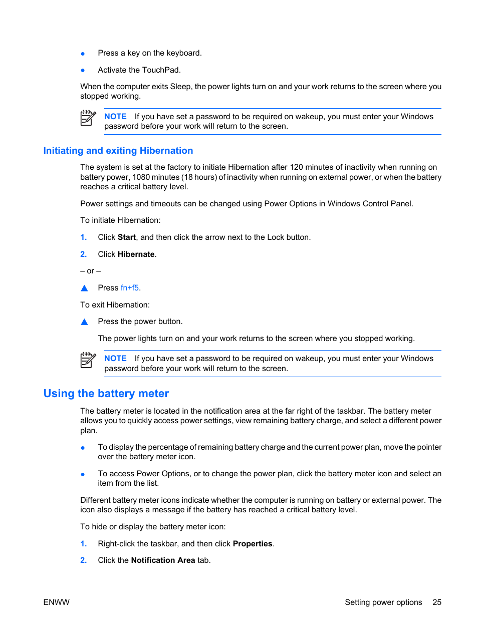 Initiating and exiting hibernation, Using the battery meter | HP Compaq Presario C542EA Notebook PC User Manual | Page 31 / 73