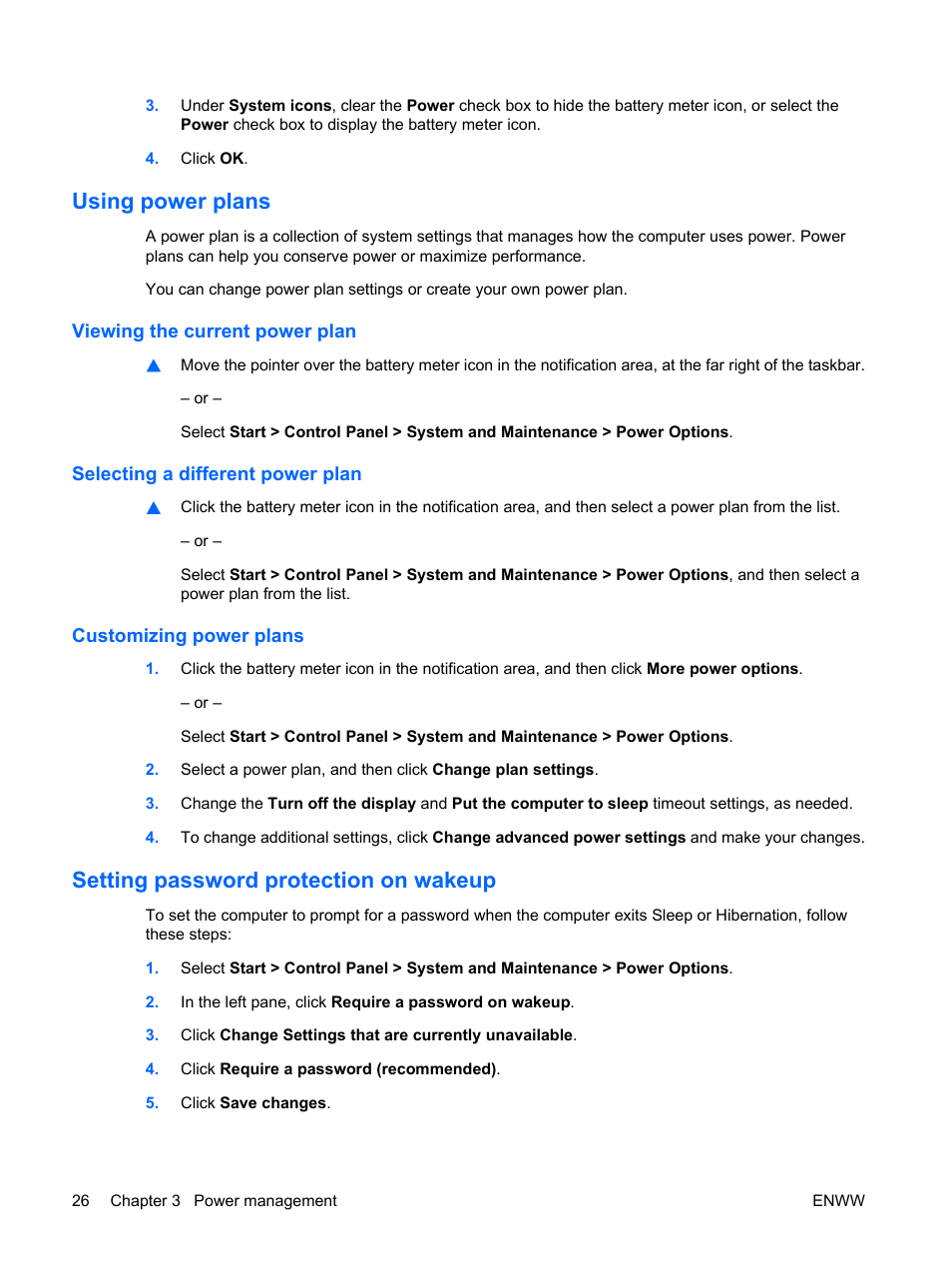 Using power plans, Viewing the current power plan, Selecting a different power plan | Customizing power plans, Setting password protection on wakeup | HP Compaq Presario C542EA Notebook PC User Manual | Page 32 / 73