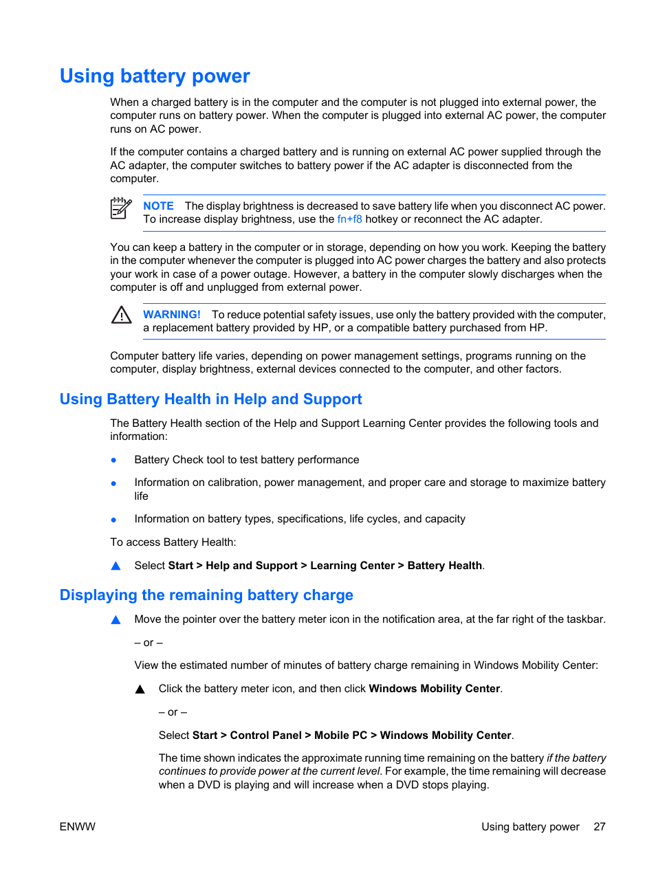 Using battery power, Using battery health in help and support, Displaying the remaining battery charge | HP Compaq Presario C542EA Notebook PC User Manual | Page 33 / 73