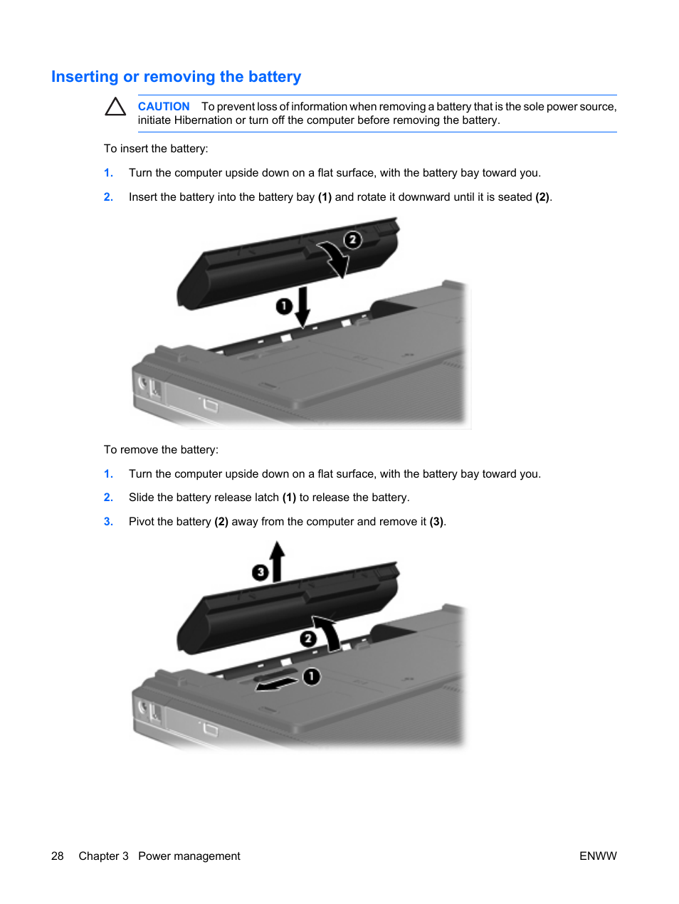 Inserting or removing the battery | HP Compaq Presario C542EA Notebook PC User Manual | Page 34 / 73