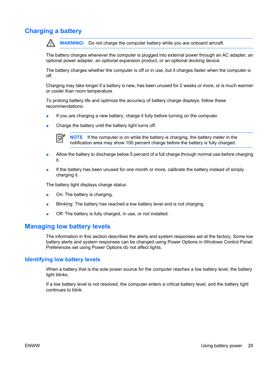 Charging a battery, Managing low battery levels, Identifying low battery levels | Charging a battery managing low battery levels | HP Compaq Presario C542EA Notebook PC User Manual | Page 35 / 73