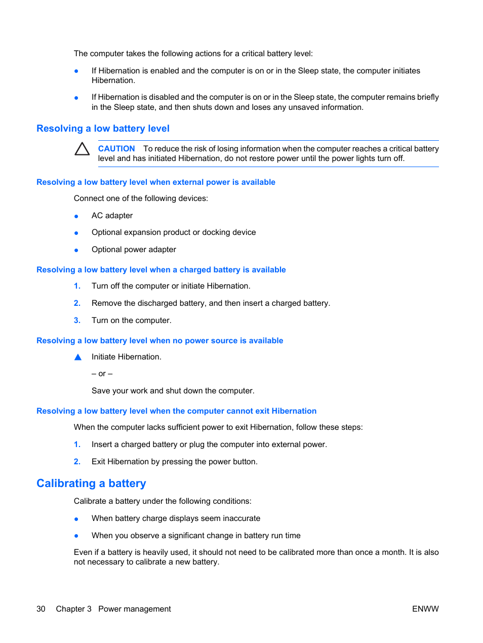Resolving a low battery level, Calibrating a battery | HP Compaq Presario C542EA Notebook PC User Manual | Page 36 / 73