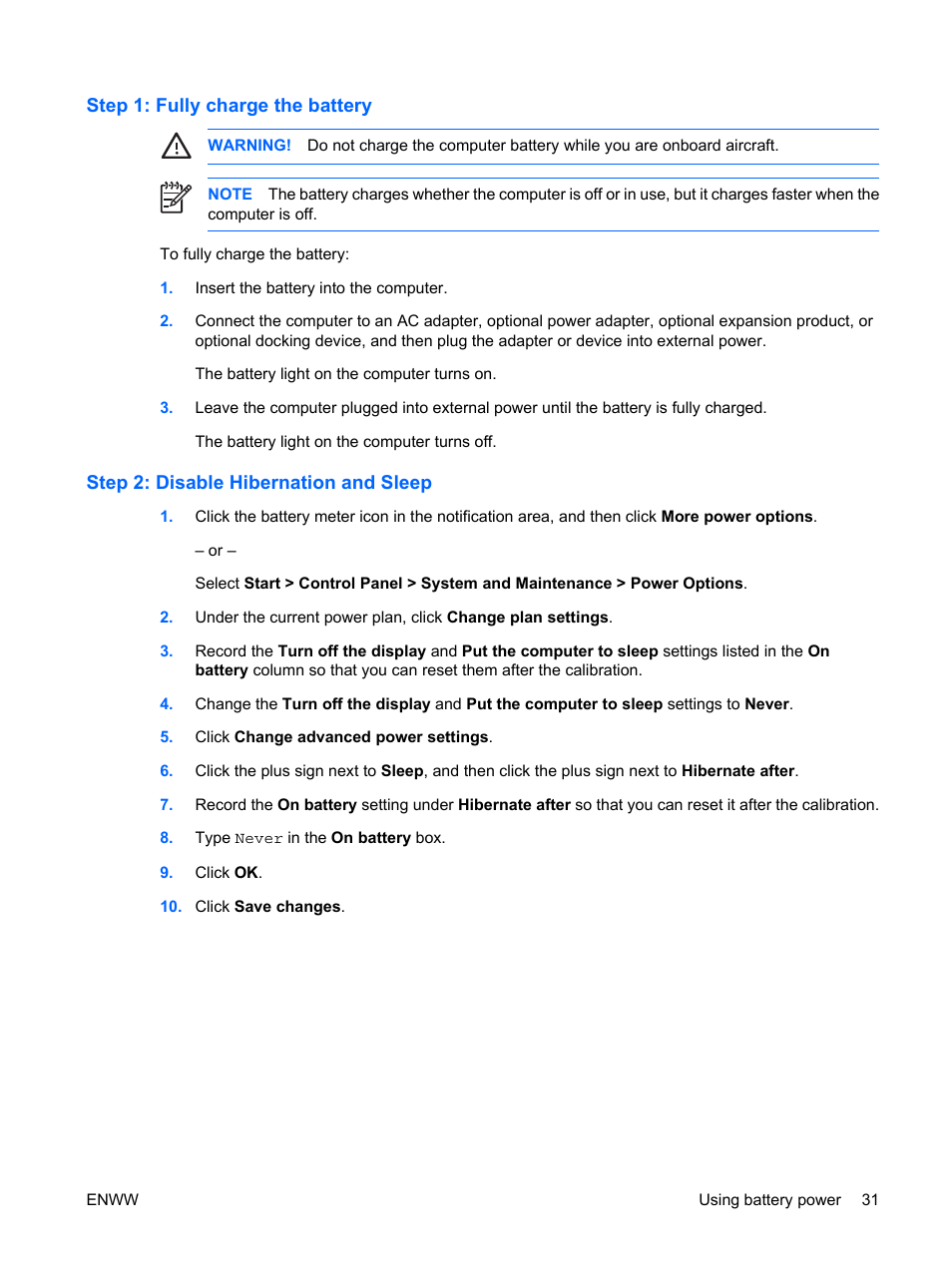 Step 1: fully charge the battery, Step 2: disable hibernation and sleep | HP Compaq Presario C542EA Notebook PC User Manual | Page 37 / 73