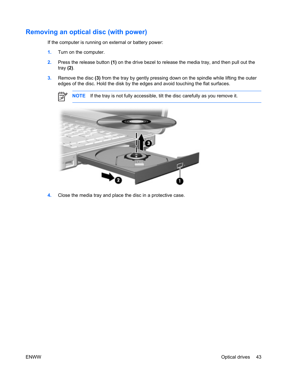 Removing an optical disc (with power) | HP Compaq Presario C542EA Notebook PC User Manual | Page 49 / 73