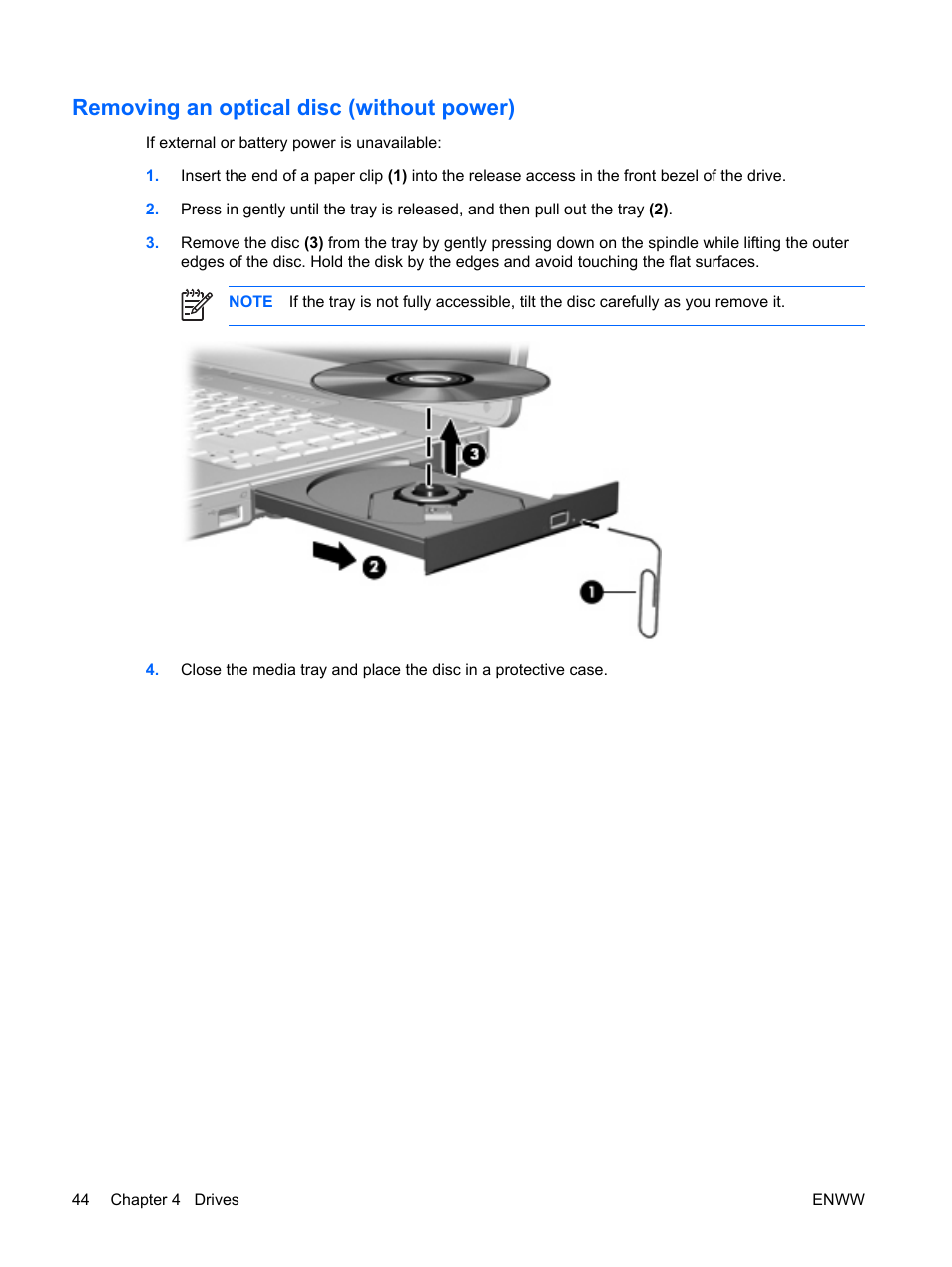 Removing an optical disc (without power) | HP Compaq Presario C542EA Notebook PC User Manual | Page 50 / 73