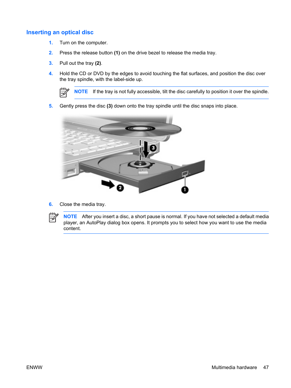 Inserting an optical disc | HP Compaq Presario C542EA Notebook PC User Manual | Page 53 / 73